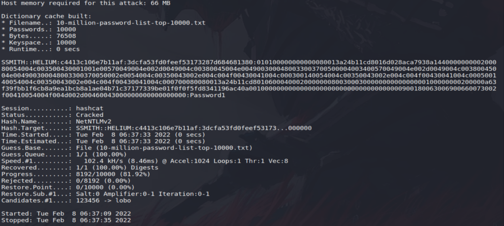 Hashcat cracked password hash